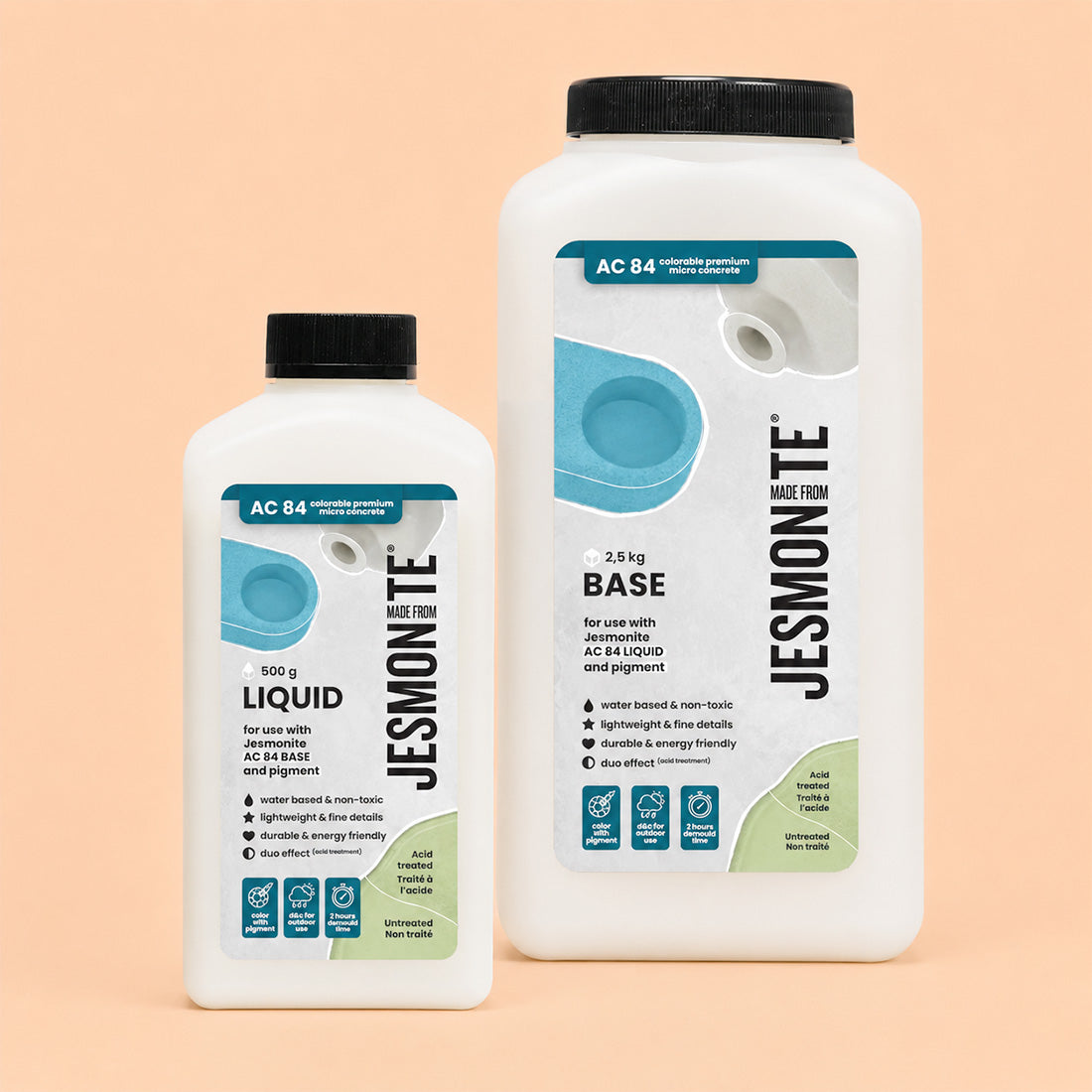 Duo Jesmonite AC84 : flacon de liquide devant le bidon de base