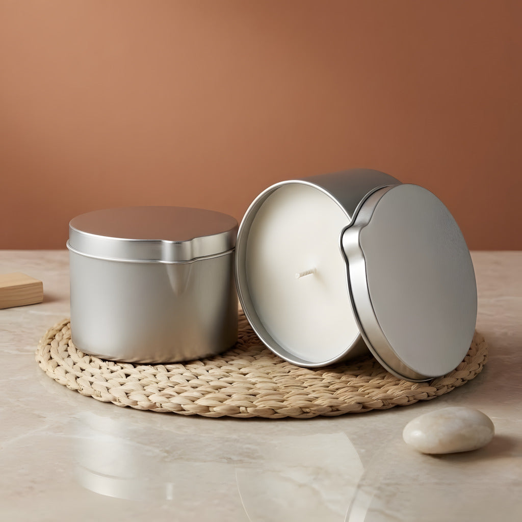 Silver metal box - Round with pourer - 250 ml candle vessel for handmade fabrication Terre de Bougies