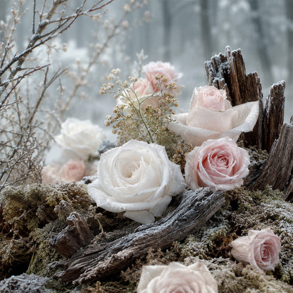 Roses blanches et bois givré dans un décor hivernal, ambiance du parfum Boisé d’hiver