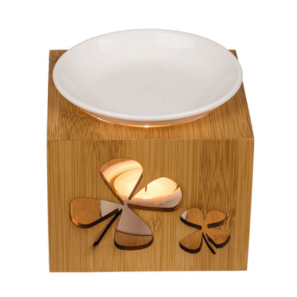Brûle-parfum Bamboo en bois clair à motif trèfle avec sa coupelle en céramique
