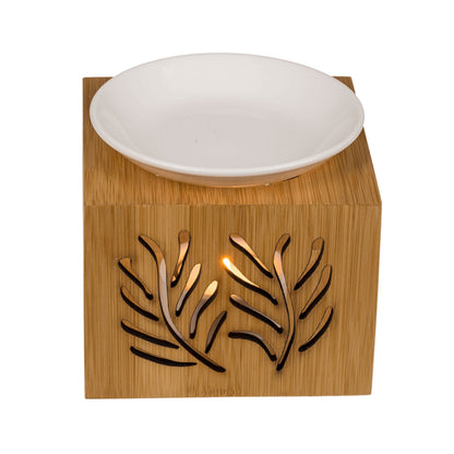 Brûle-parfum Bamboo vu de face, découpe végétale et coupelle en céramique