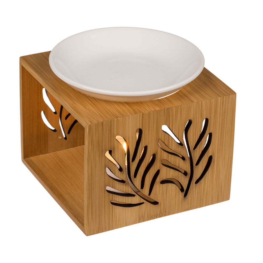 Brûle-parfum Bamboo à motif feuillage ajouré et coupelle blanche