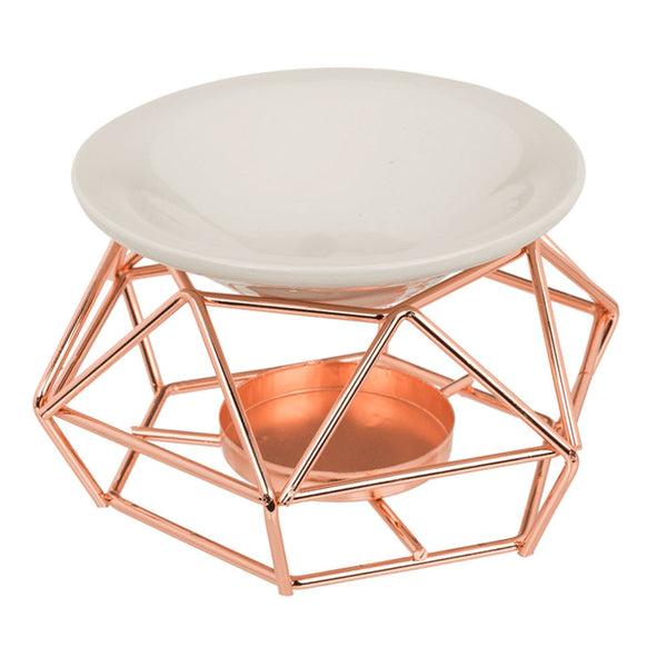 Brûle-parfum Fractal Rose Gold cuivré avec sa bougie chauffe-plat allumée
