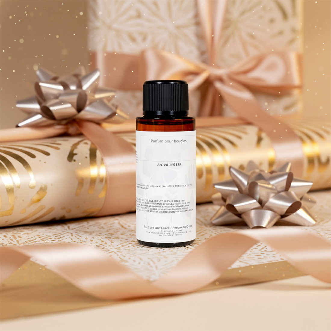 Flacon de parfum 30 ml offert, posé sur un papier cadeau avec nœuds argentés