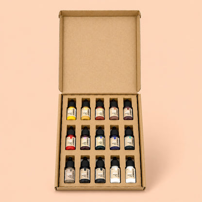 Coffret ouvert du Pack de 15 pigments pour Jesmonite montrant les flacons rangés dans leur calage