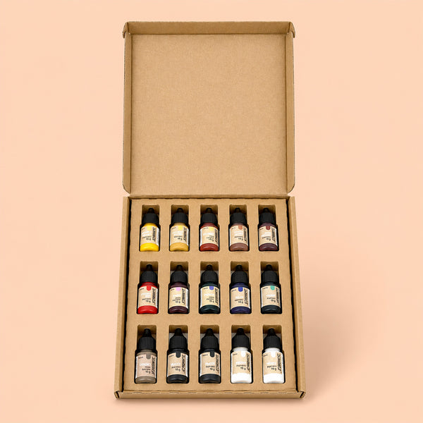 Coffret ouvert du Pack de 15 pigments pour Jesmonite montrant les flacons rangés dans leur calage