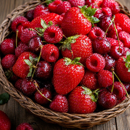 Panier de fraises et de framboises fraîches, ambiance du parfum Fruits rouges
