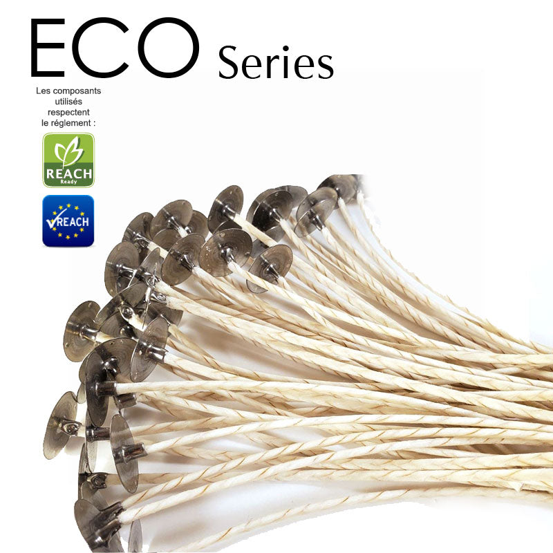 Mèches ECO cirées montées sur support détail vue alternative artisanat fabrication Terre de Bougies