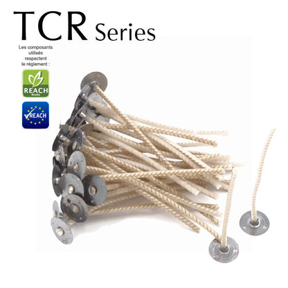 Mèches TCR cirées montées sur support détail vue alternative artisanat fabrication Terre de Bougies