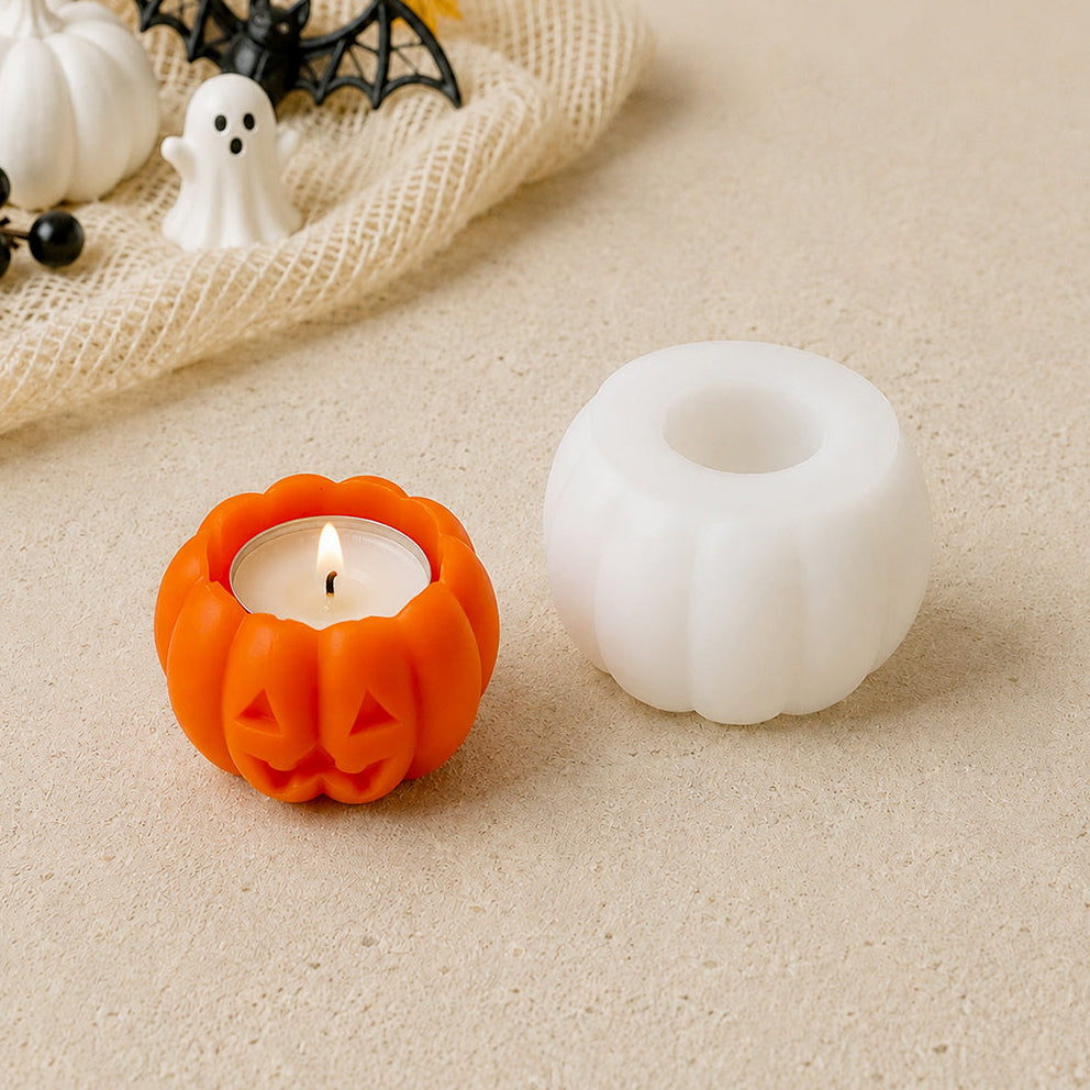 Chauffe-plat citrouille sculpté et son moule en silicone, décor d'Halloween