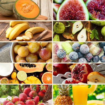 Planche d'ambiance du Pack de 10 parfums thématiques de Grasse : bananes, figues, poires, raisins, agrumes et fruits exotiques