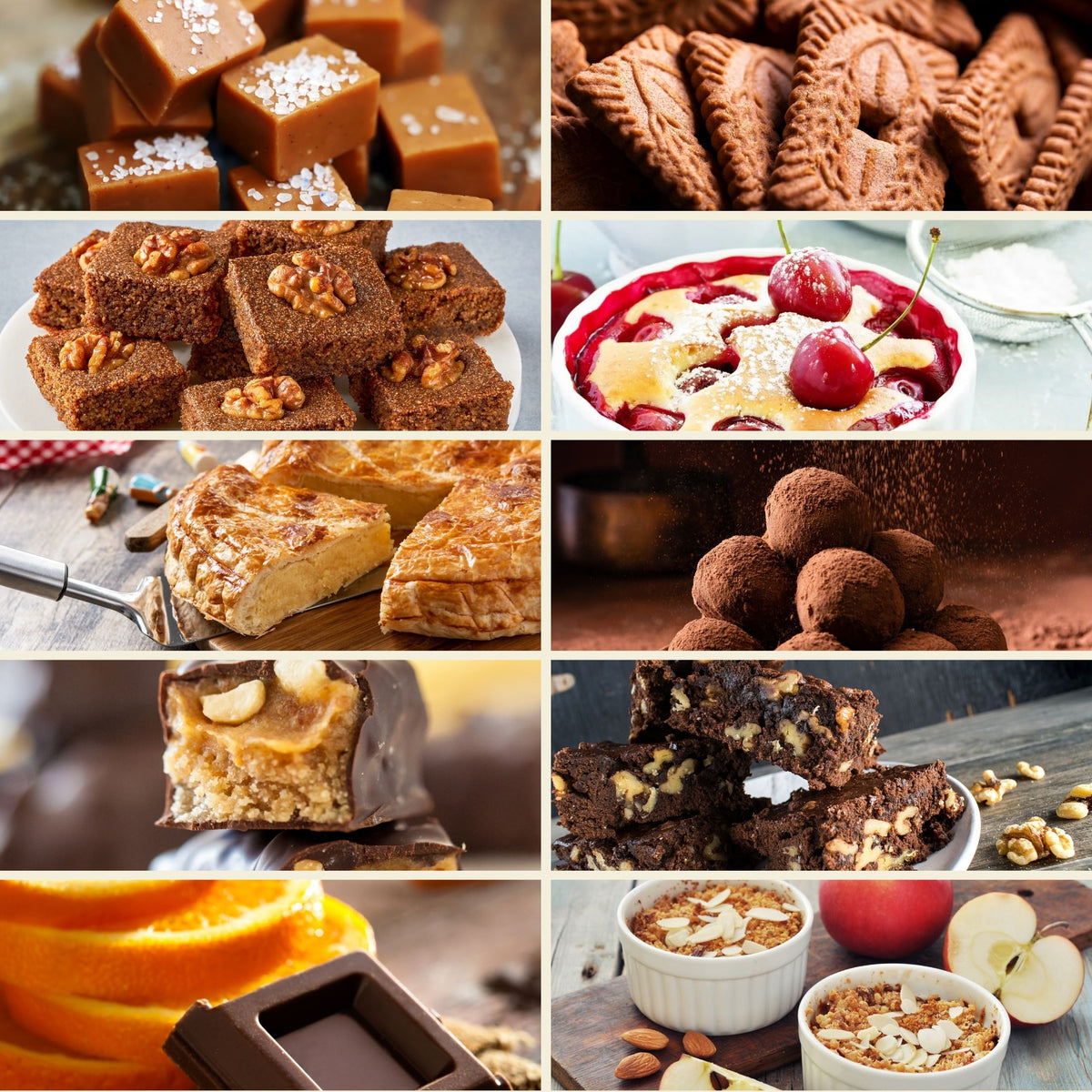 Planche d'ambiance du Pack de 10 parfums thématiques de Grasse : brownies, spéculoos, caramel, gaufres et douceurs gourmandes