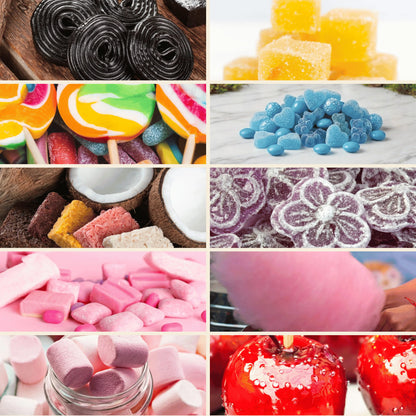 Planche d'ambiance du Pack de 10 parfums thématiques de Grasse : réglisse, bonbons, guimauves et fruits confits