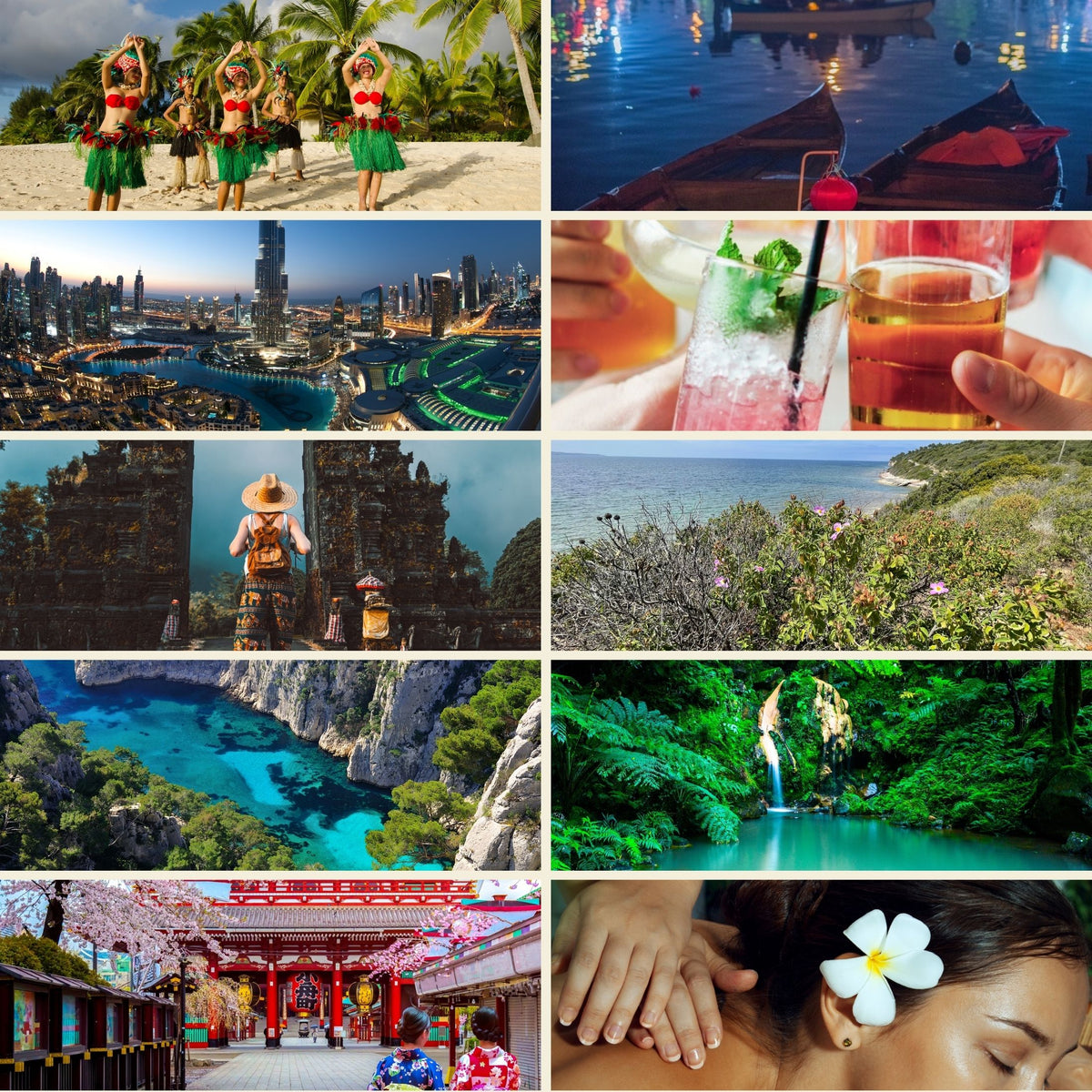 Planche d'ambiance du Pack de 10 parfums thématiques de Grasse : voyages, temples, cocktails et paysages tropicaux