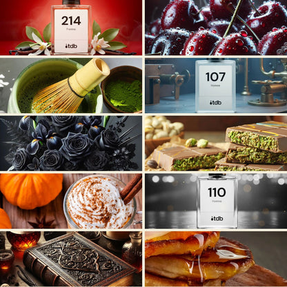 Planche d'ambiance du Pack de 10 parfums thématiques de Grasse : matcha, olives noires, courge et épices torréfiées