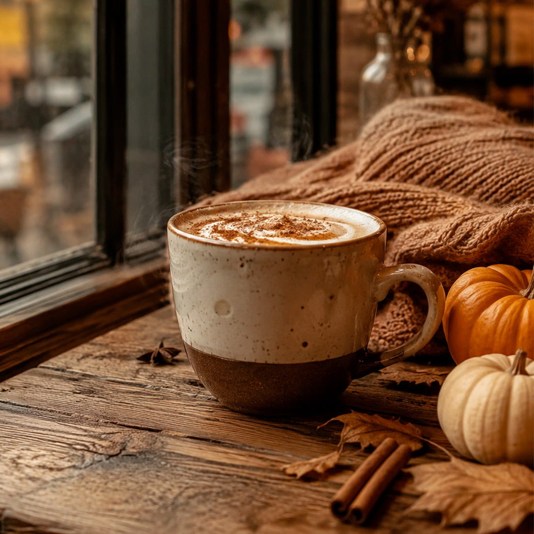 Tasse de boisson chaude épicée près d'une fenêtre d'automne, ambiance Macchiato spiced pumpkin
