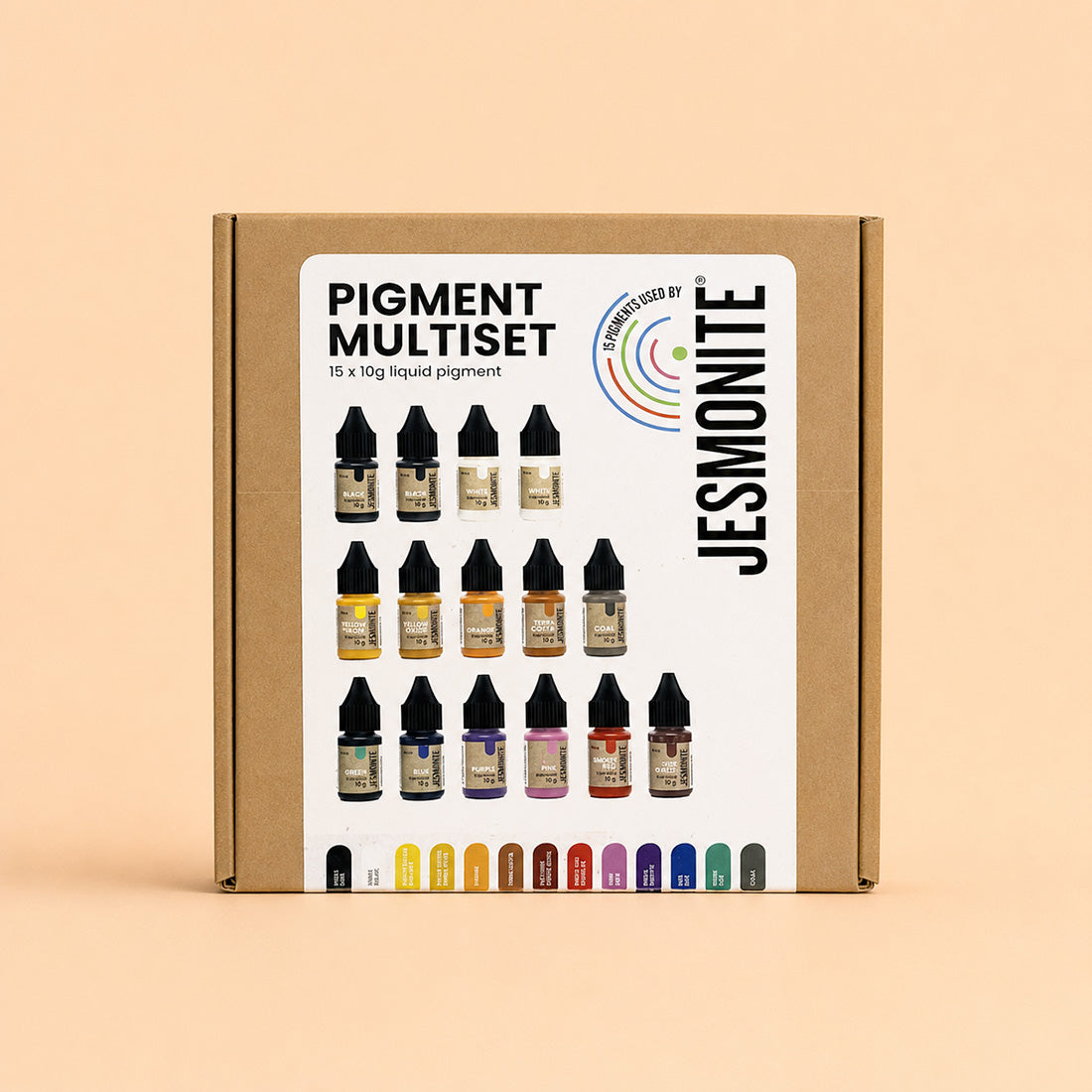 Coffret fermé du Pack de 15 pigments pour Jesmonite avec son nuancier de teintes imprimé