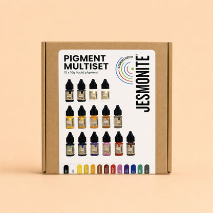 Coffret fermé du Pack de 15 pigments pour Jesmonite avec son nuancier de teintes imprimé