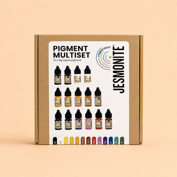 Coffret fermé du Pack de 15 pigments pour Jesmonite avec son nuancier de teintes imprimé