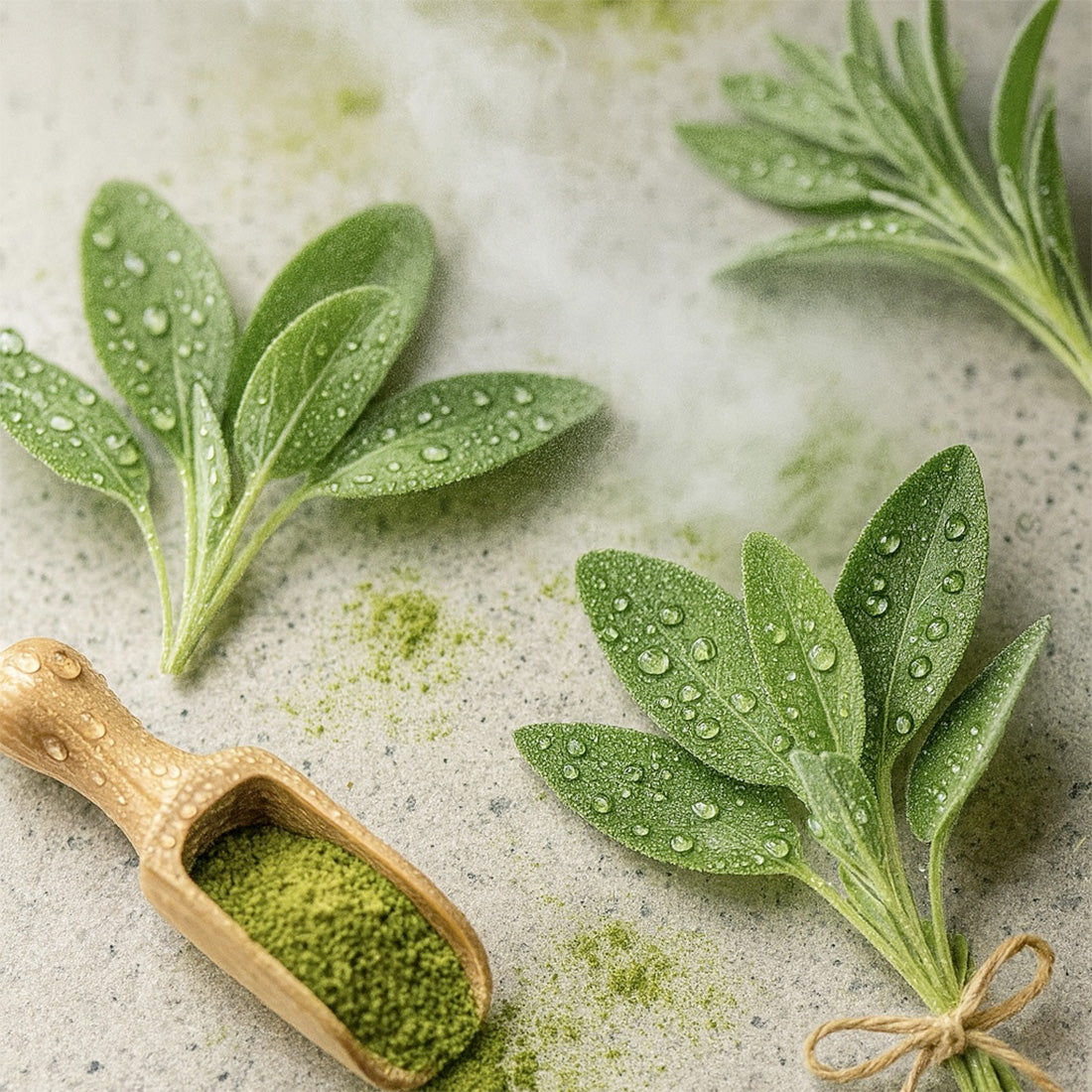 Sauge fraîche et cuillère de poudre verte sur fond clair, ambiance du parfum Verdant calm