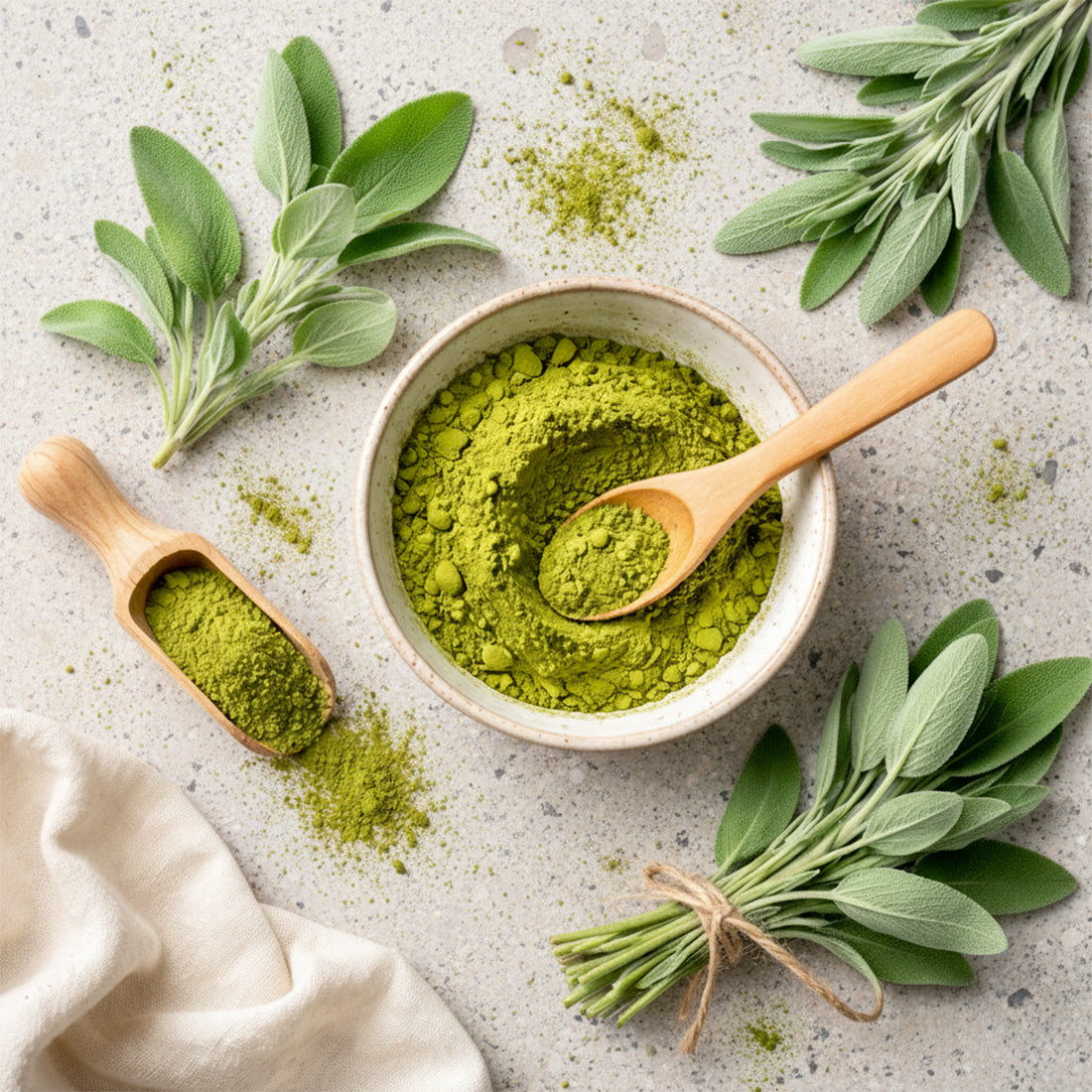 Feuilles de sauge fraîche et poudre de matcha dans un bol, ambiance du parfum Verdant calm