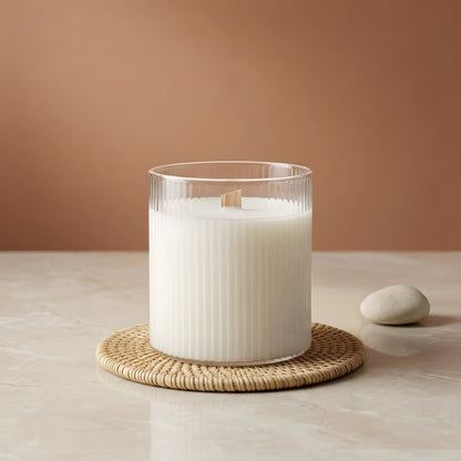 Transparent ribbed candle glass 330 ml alternate view detail handmade fabrication Terre de Bougies