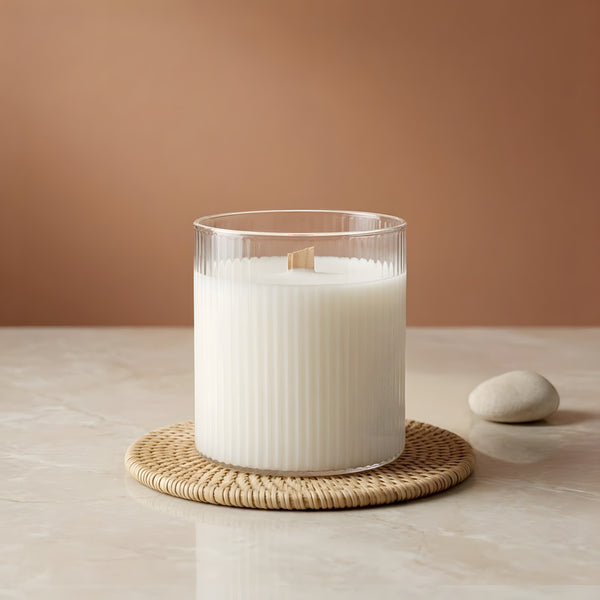 Transparent ribbed candle glass 330 ml alternate view detail handmade fabrication Terre de Bougies